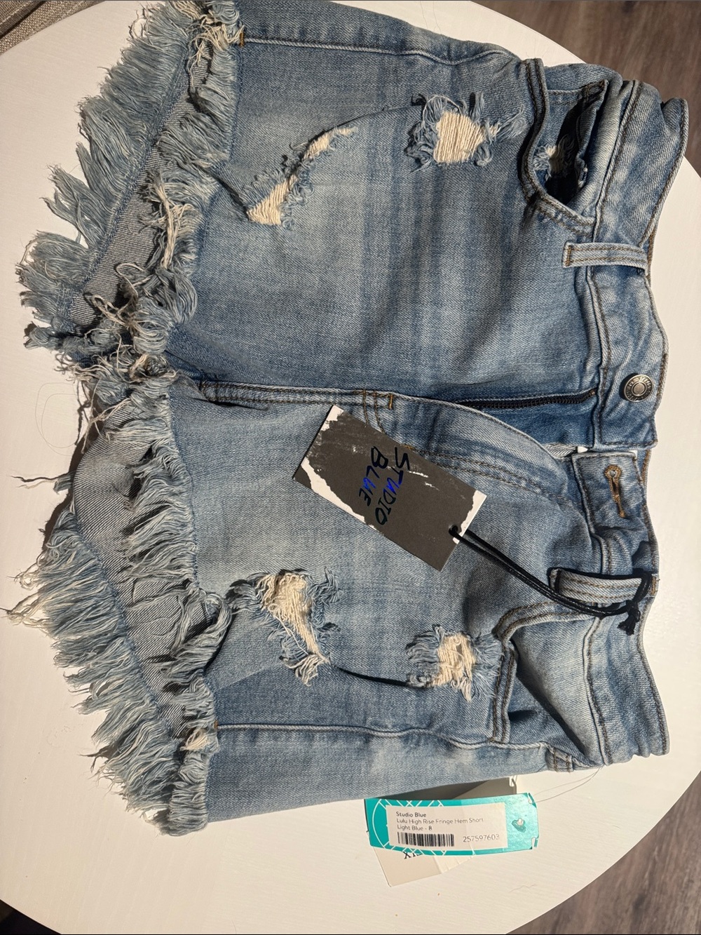 Studio Blue Lulu High Rise Fringe Hem Short Light Blue Denim Jean Shorts